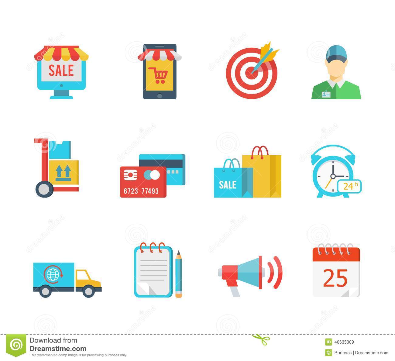set-flat-vector-purchase-delivery-icons-sale-sign-store-trolley-salesman-credit-card-bags-hour-van-truck-40635309
